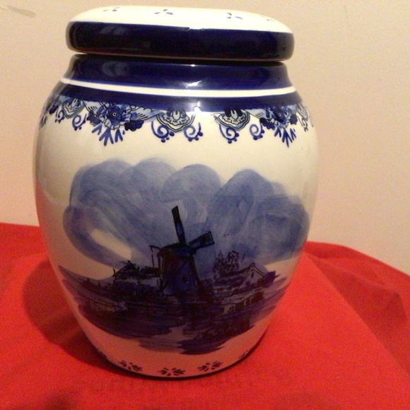Delftware Blue & White Other - Delftware Royal Twickel Handpainted Holland Lidded Jar Windmill, Blue & White